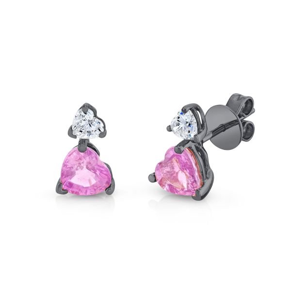 DIAMOND & PINK SAPPHIRE TWO STEP HEART STUDS