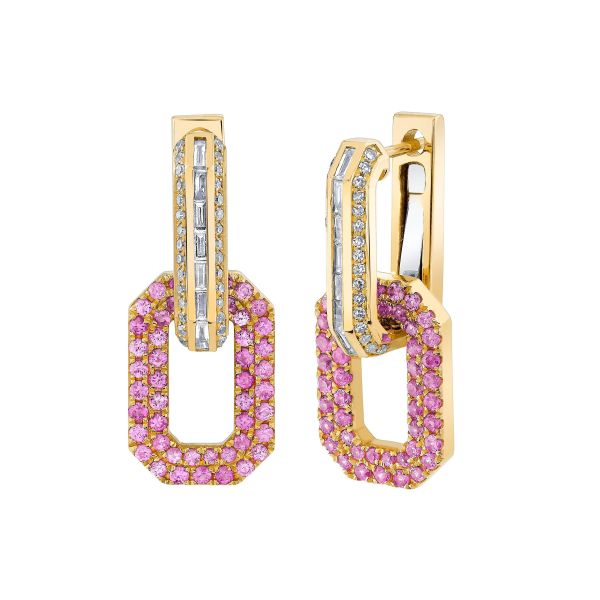 PINK SAPPHIRE & DIAMOND PAVE FLAT GEO LINK EARRINGS