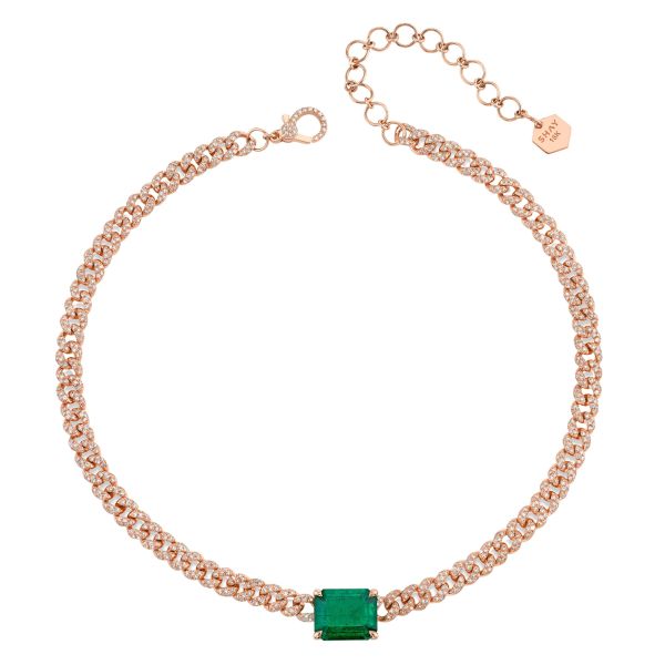 EMERALD SOLITAIRE PAVE MINI LINK NECKLACE