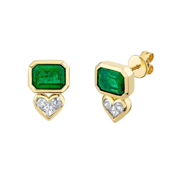 EMERALD TRI DIAMOND BEZEL STUDS