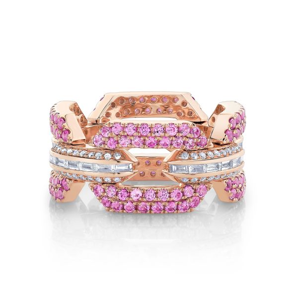 PINK SAPPHIRE & DIAMOND PAVE FLAT GEO LINK RING