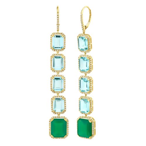 BLUE TOPAZ & GREEN AGATE 5 TIER PORTRAIT EARRINGS