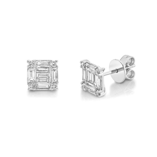 SINGLE DIAMOND SQUARE STACKED BAGUETTE STUD