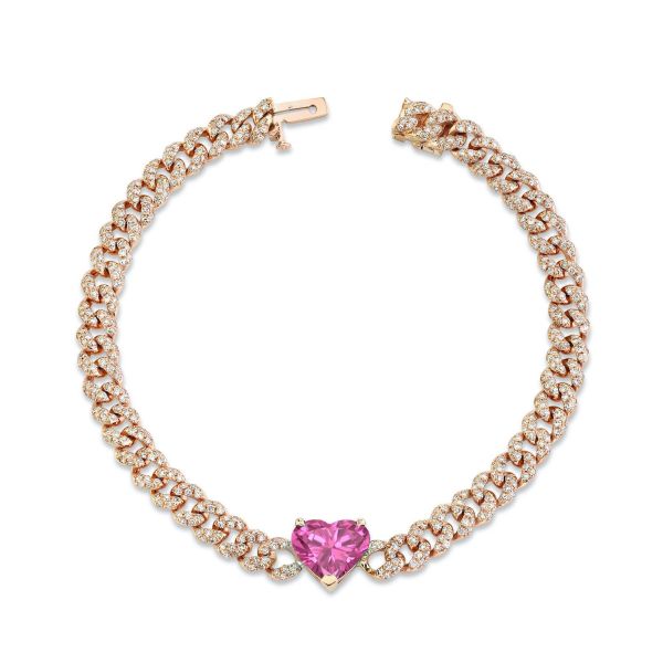 PINK SAPPHIRE HEART PAVE MINI LINK BRACELET