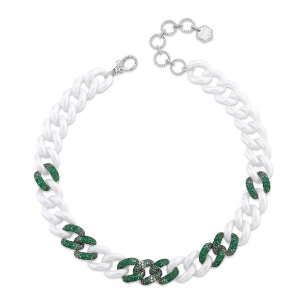 EMERALD & GREEN GARNET 9 OMBRE WHITE CERAMIC JUMBO LINK NECKLACE