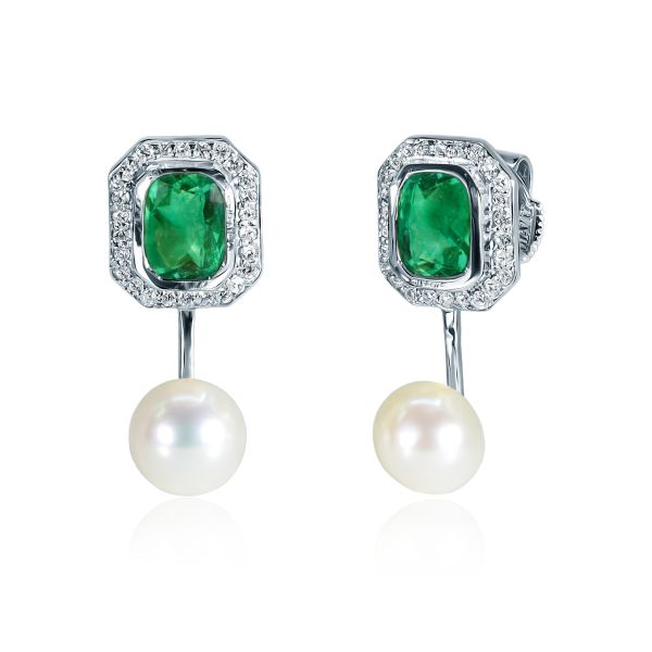 Emeralds, Pearls & White Diamond Earrings Sea Treasures