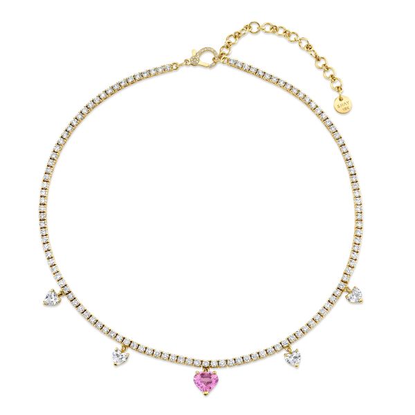 DIAMOND & PINK SAPPHIRE 4 HEART DROP TENNIS NECKLACE