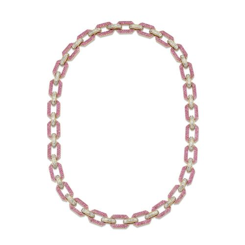 PINK SAPPHIRE & DIAMOND PAVE FLAT GEO LINK NECKLACE