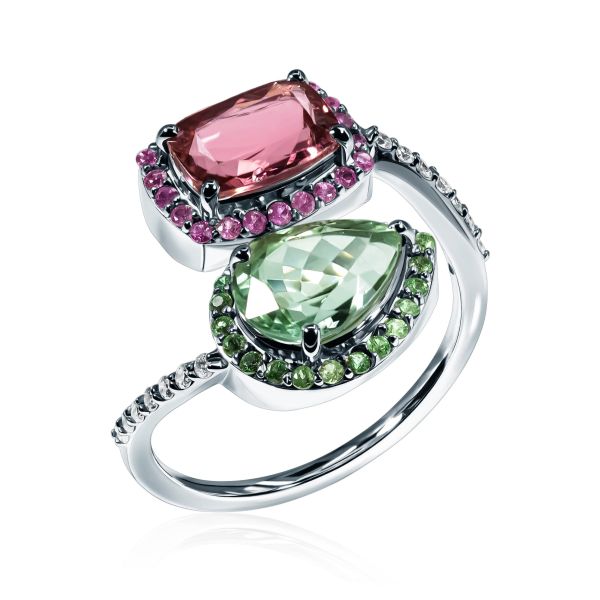 Tourmaline, Sapphire & White Diamond Ring Magic Flower
