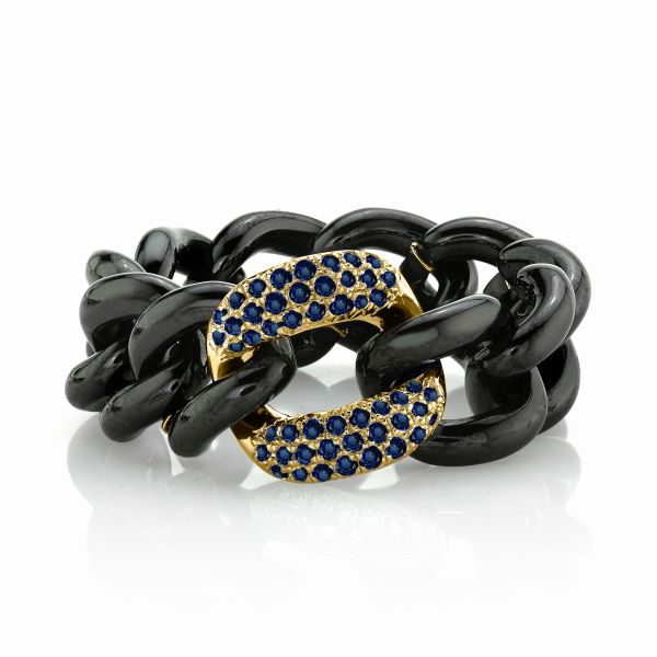 BLUE SAPPHIRE  & BLACK CERAMIC MEDIUM LINK RING
