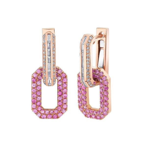 PINK SAPPHIRE & DIAMOND PAVE FLAT GEO LINK EARRINGS