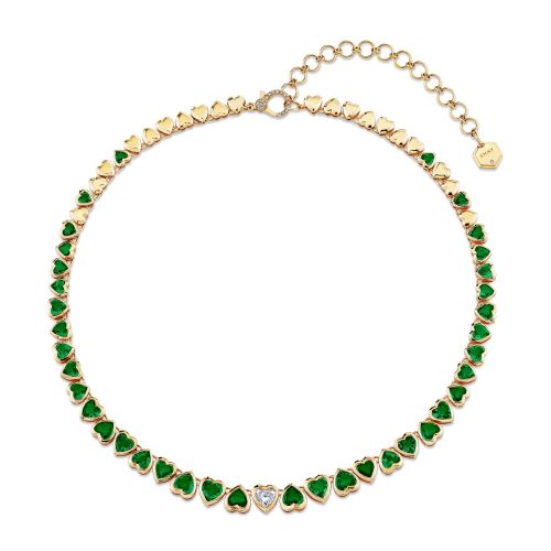 EMERALD & DIAMOND HEART BEZEL TENNIS NECKLACE