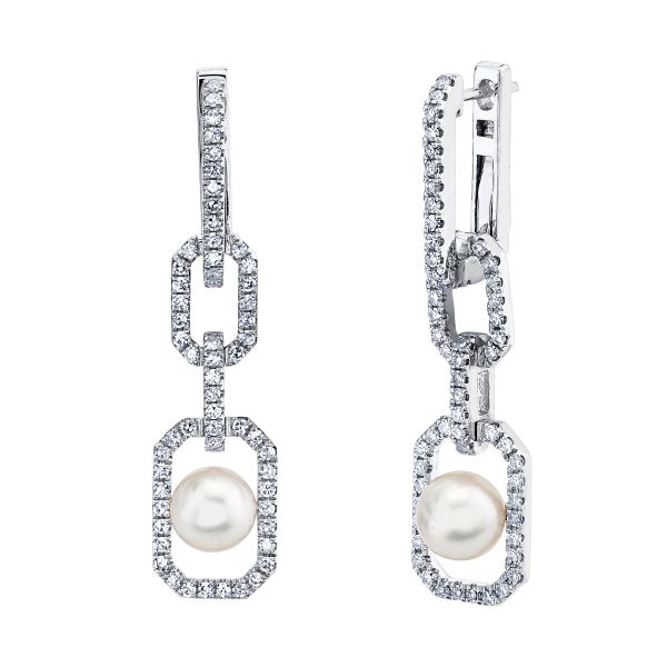 CAGED PEARL & DIAMOND TRIPLE LINK DROP EARRINGS
