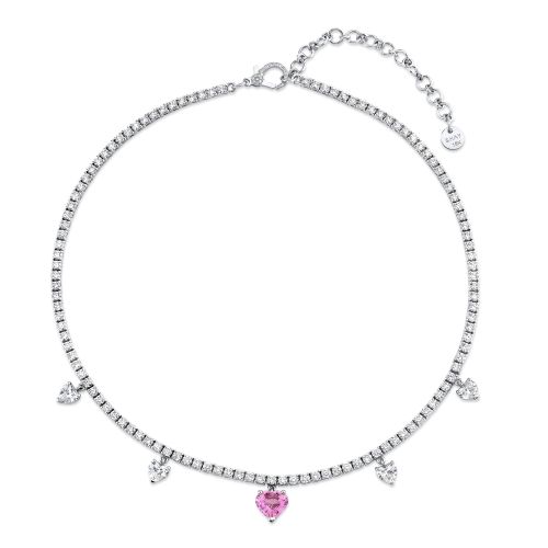 DIAMOND & PINK SAPPHIRE 4 HEART DROP TENNIS NECKLACE