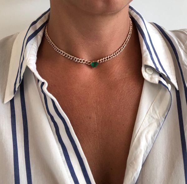 JUMBO EMERALD HEART MINI PAVE LINK NECKLACE