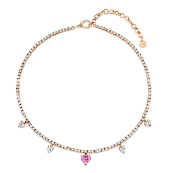 DIAMOND & PINK SAPPHIRE 4 HEART DROP TENNIS NECKLACE