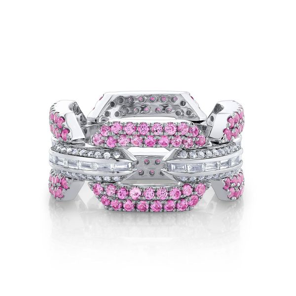 PINK SAPPHIRE & DIAMOND PAVE FLAT GEO LINK RING