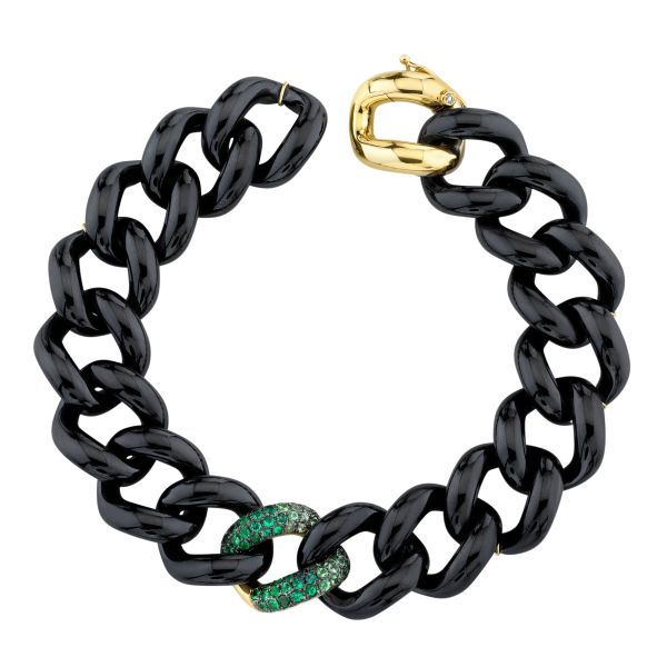 GREEN GARNET SINGLE PAVE OMBRE BLACK CERAMIC JUMBO LINK BRACELET