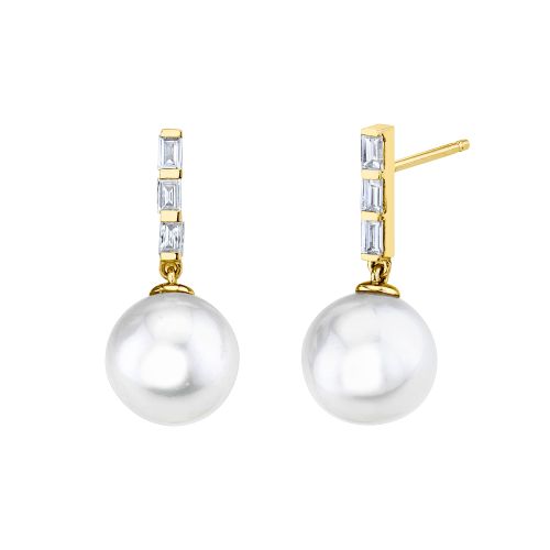 READY TO SHIP PEARL & DIAMOND BAGUETTE DROP EARRINGS