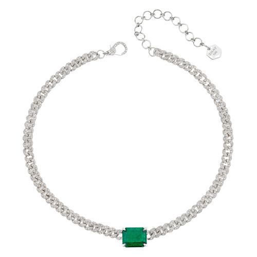 EMERALD SOLITAIRE PAVE MINI LINK NECKLACE