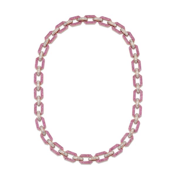 PINK SAPPHIRE & DIAMOND PAVE FLAT GEO LINK NECKLACE