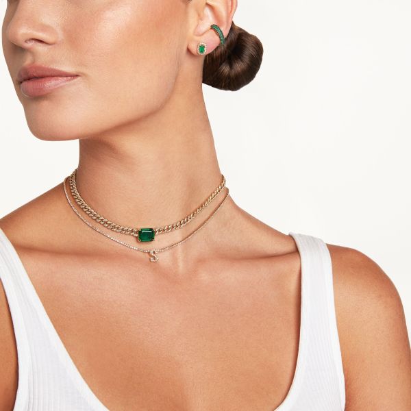 EMERALD SOLITAIRE PAVE MINI LINK NECKLACE